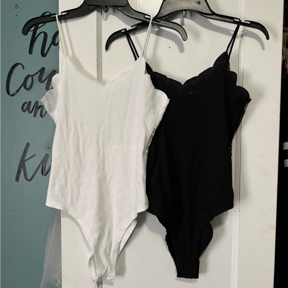 Lot of 2 Bodysuits Black White Lace Open Back Shein S Small Snap Closure